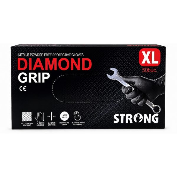 Mănuși din Nitril Diamond Grip Negre, XL, Fără Pudră